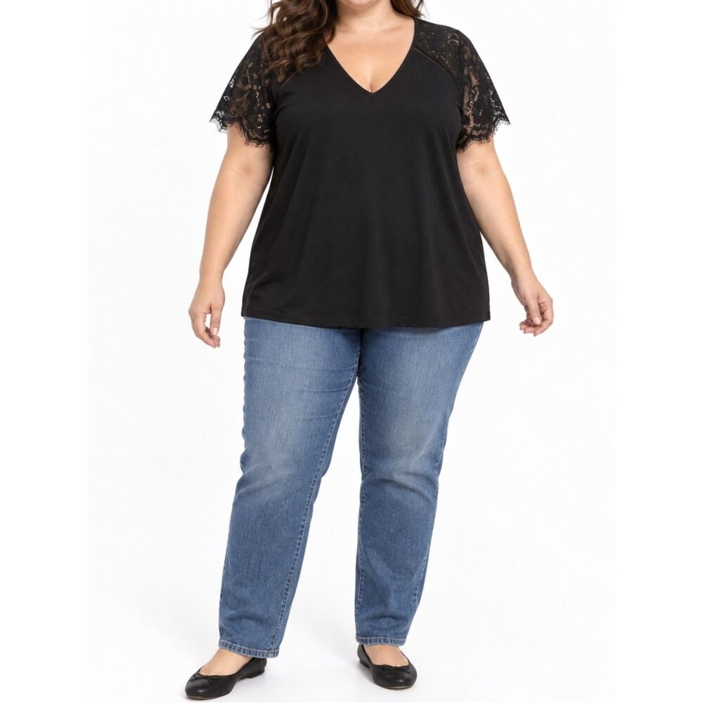 SHEIN Curve Black Lace-Shoulder V-Neck Top | Size 5XL